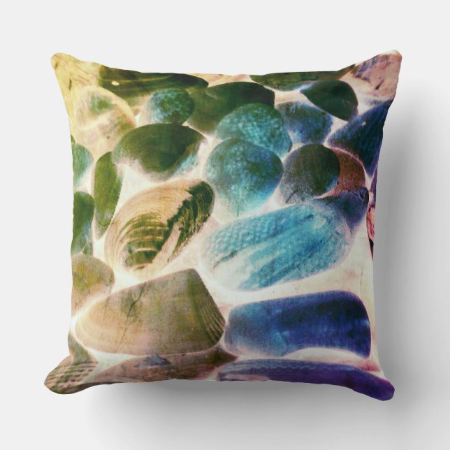 Zee oester shell, kleuren veranderd blauw in beige kussen (Voorkant)