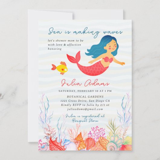 Zee Onderwater Navy Blue Mermaid Fish Baby shower Kaart (Voorkant)
