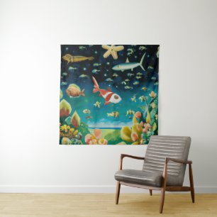 Zee op de zeebodem vol gekleurde viskoralen wandkleed