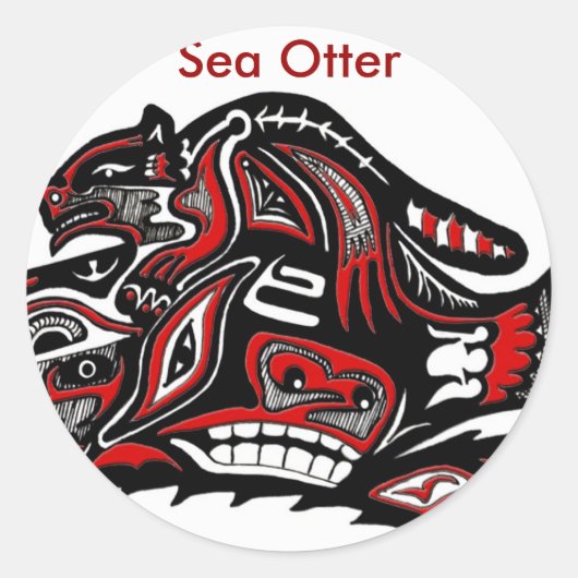 ZEE OTTER & BABY (Haida Styled) Gift Range Ronde Sticker (Voorkant)