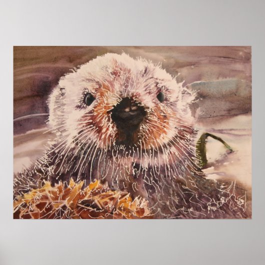 Zee Otter in Kelp Waterverf Artwork Canvas Afdrukk Poster (Voorkant)