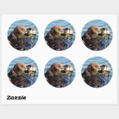 Zee Otter moeder en jongen met kelp Ronde Sticker (Vel)