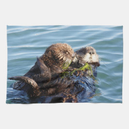 Zee Otter moeder en jongen met kelp Theedoek