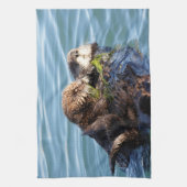 Zee Otter moeder en jongen met kelp Theedoek (Verticaal)