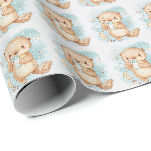 Zee Otter Schattige Baby pastel Waterverf Patroon Cadeaupapier (Rol Hoek)
