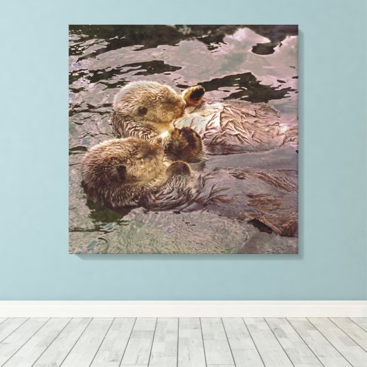 Zee Otters Holding Hands Canvas Afdruk (Insitu (Houten vloer))