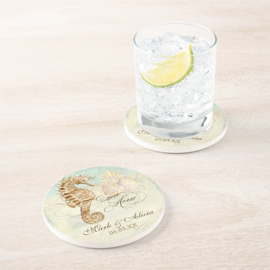 Zee Paard Kuststrand - Gepersonaliseerde bruiloft Zandsteen Onderzetter (Zijkant)