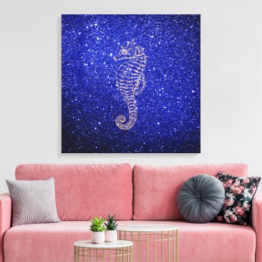 Zee Paard Ocean Life Roos Goud Kobalt Blauw Glitte Canvas Afdruk (Insitu (Woonkamer))