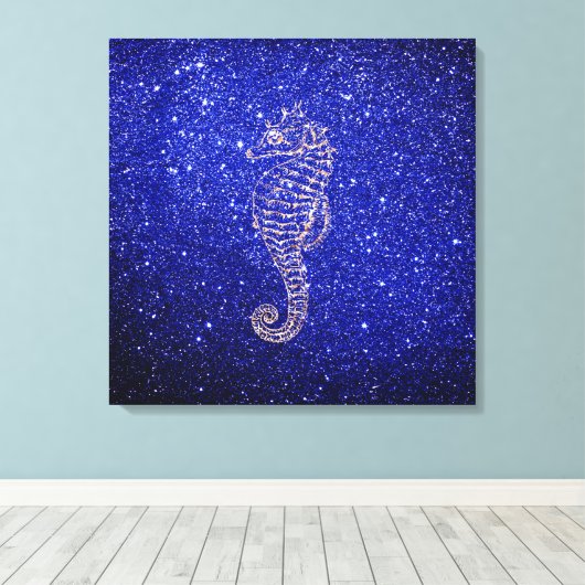 Zee Paard Ocean Life Roos Goud Kobalt Blauw Glitte Canvas Afdruk (Insitu (Houten vloer))