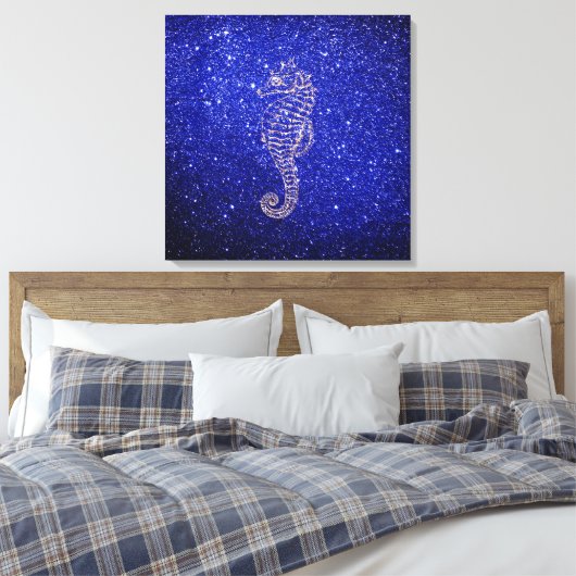 Zee Paard Ocean Life Roos Goud Kobalt Blauw Glitte Canvas Afdruk (Insitu (Slaapkamer))