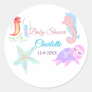 Zee paard schildpad ster vis waterverf baby showe ronde sticker