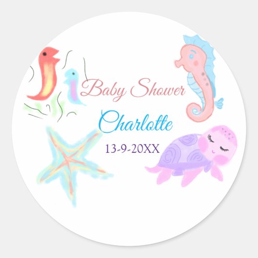 Zee paard schildpad ster vis waterverf baby showe ronde sticker (Voorkant)