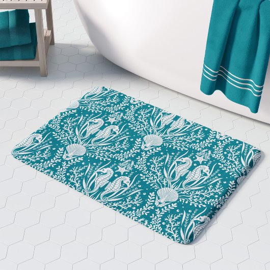 Zee Paarden Blauwgroen Blauw Wit Damask Ocean Patt Badmat