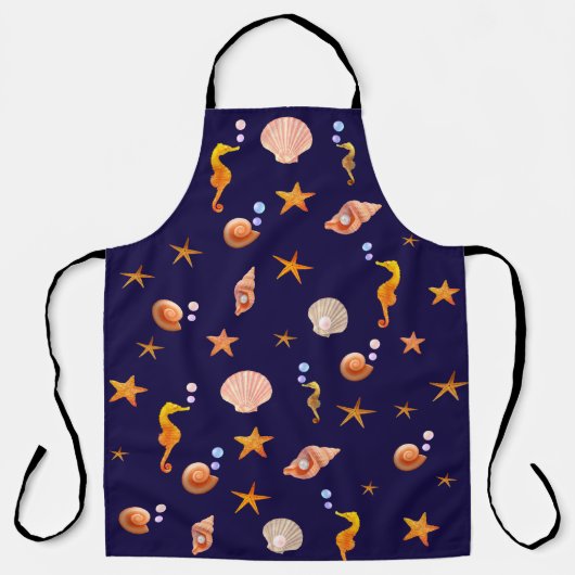 Zee-paarden, zeeschelpen en -parels op zeeblauw schort (Voorkant)