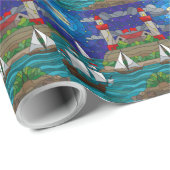 Zee Red Lighthouse Sailing Ships Shore Starry Sky Cadeaupapier (Rol Hoek)