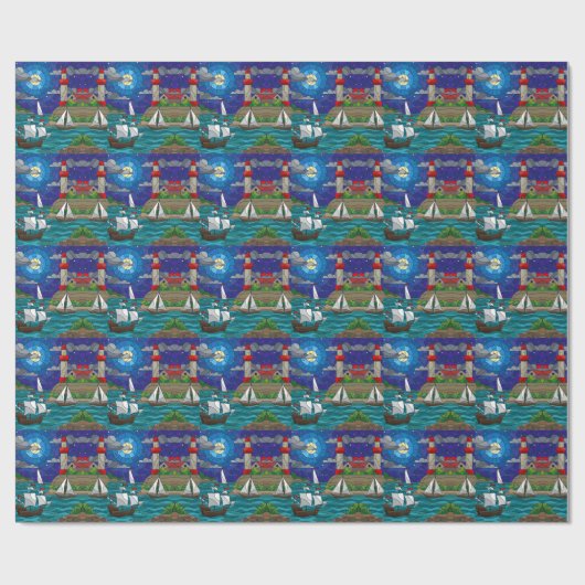 Zee Red Lighthouse Sailing Ships Shore Starry Sky Cadeaupapier (Vlak)