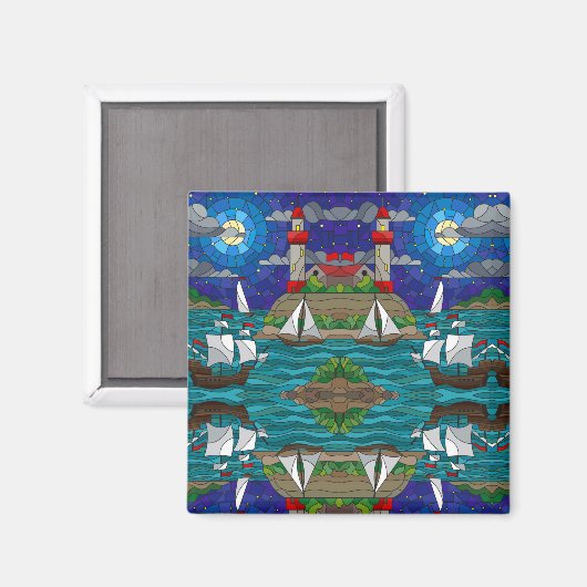 Zee Red Lighthouse Sailing Ships Shore Starry Sky Magneet (Voorkant / Achterkant)