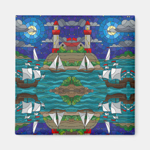 Zee Red Lighthouse Sailing Ships Shore Starry Sky Magneet