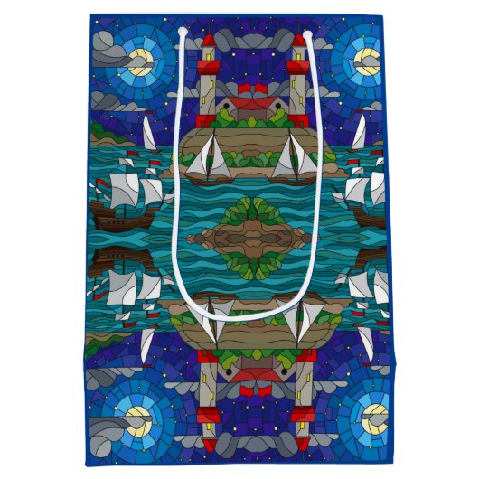 Zee Red Lighthouse Sailing Ships Shore Starry Sky Medium Cadeauzakje (Achterkant)