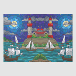 Zee Red Lighthouse Sailing Ships Shore Starry Sky Tissuepapier