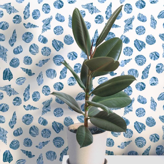Zee Schelp Maritiem Kust Blauw en Wit Behang (Sea shell watercolor pattern coastal nautical aesthetic wallpaper)