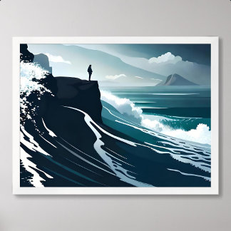 zee schilderij grote golf storm donkere nacht klif poster