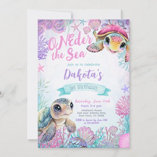 Zee Schildpad 1e Verjaardag Uitnodiging (Voorkant)
