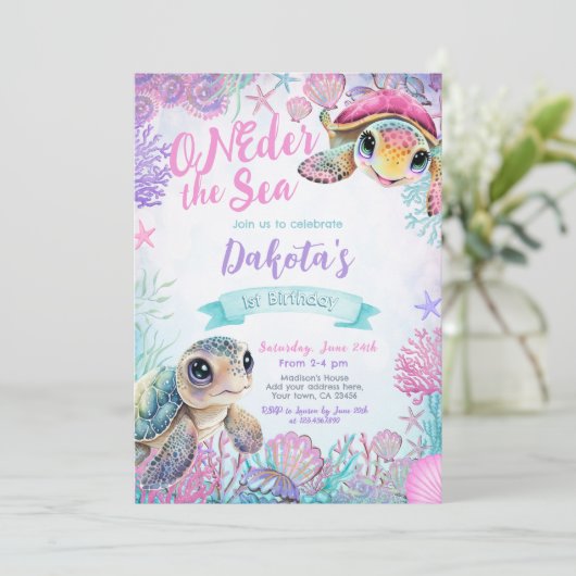 Zee Schildpad 1e Verjaardag Uitnodiging (Staand voorkant)