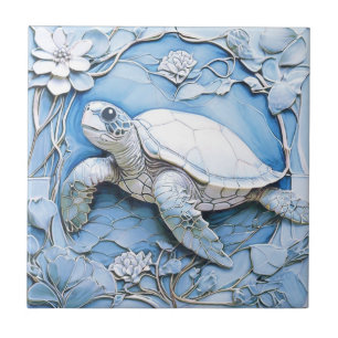 Zee Schildpad Art Nouveau Faux Relief Blue Ocean L Tegeltje