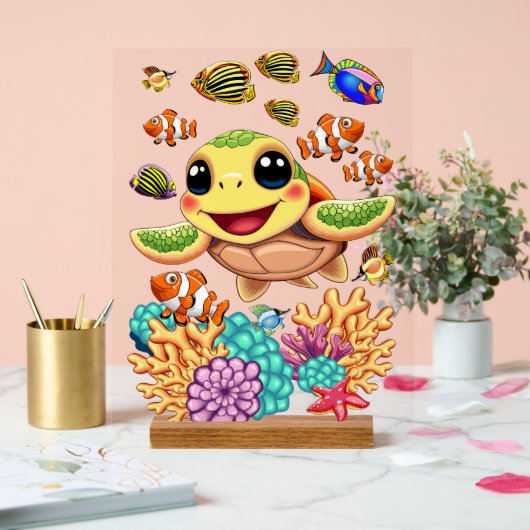 Zee Schildpad Baby Gelukkig en schattig personage Acryl Bord (Huwelijk)