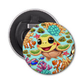 Zee Schildpad Baby Gelukkig en schattig personage Button Flesopener (Voorkant)