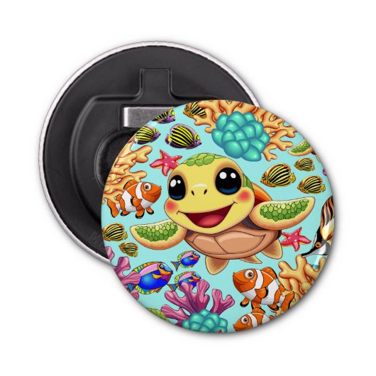 Zee Schildpad Baby Gelukkig en schattig personage Button Flesopener (Voorkant)