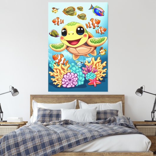 Zee Schildpad Baby Gelukkig en schattig personage Canvas Afdruk (Insitu (Slaapkamer))