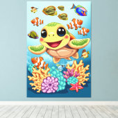 Zee Schildpad Baby Gelukkig en schattig personage Canvas Afdruk (Insitu (Houten vloer))