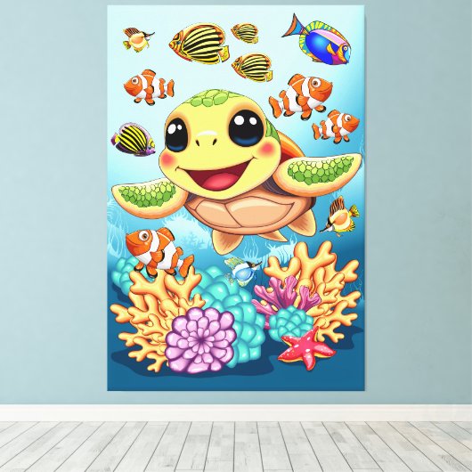 Zee Schildpad Baby Gelukkig en schattig personage Canvas Afdruk (Insitu (Houten vloer))