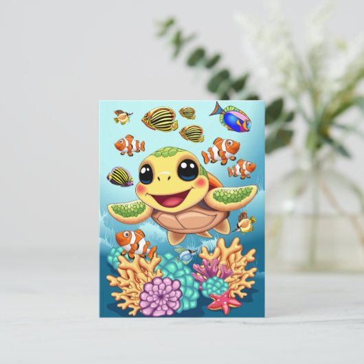 Zee Schildpad Baby Gelukkig en schattig personage Feestdagenkaart (Staand voorkant)