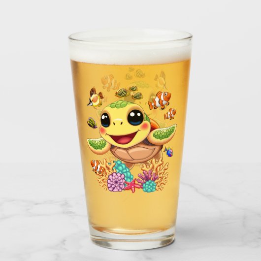 Zee Schildpad Baby Gelukkig en schattig personage Glas (Voorkant gevuld)