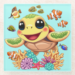Zee Schildpad Baby Gelukkig en schattig personage Glazen Onderzetter
