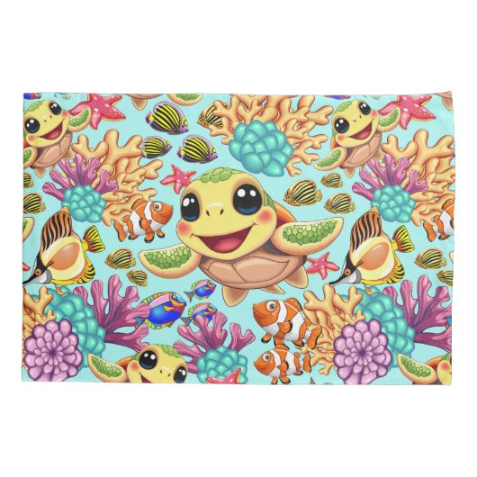 Zee Schildpad Baby Gelukkig en schattig personage Kussensloop (Achterkant)