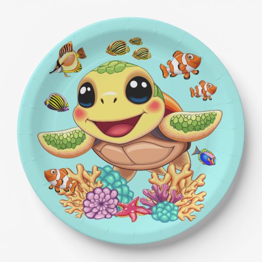 Zee Schildpad Baby Gelukkig en schattig personage Papieren Bordje (Voorkant)