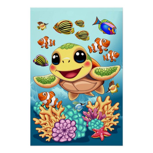 Zee Schildpad Baby Gelukkig en schattig personage Perfect Poster (Voorkant)
