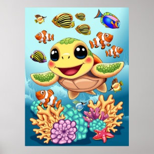 Zee Schildpad Baby Gelukkig en schattig personage Poster