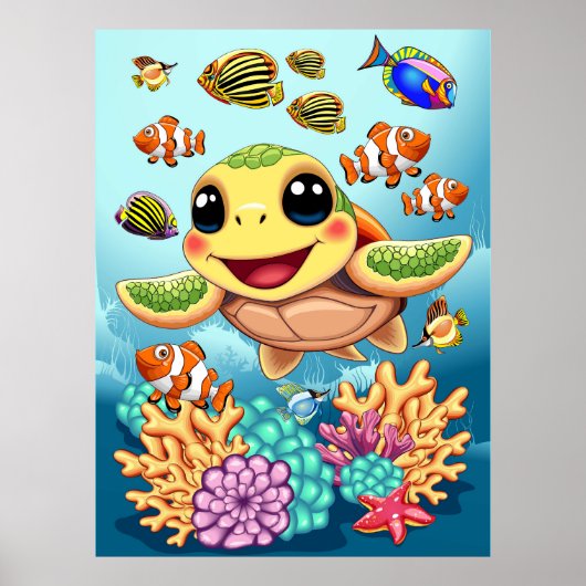 Zee Schildpad Baby Gelukkig en schattig personage Poster (Voorkant)