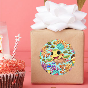 Zee Schildpad Baby Gelukkig en schattig personage Ronde Sticker