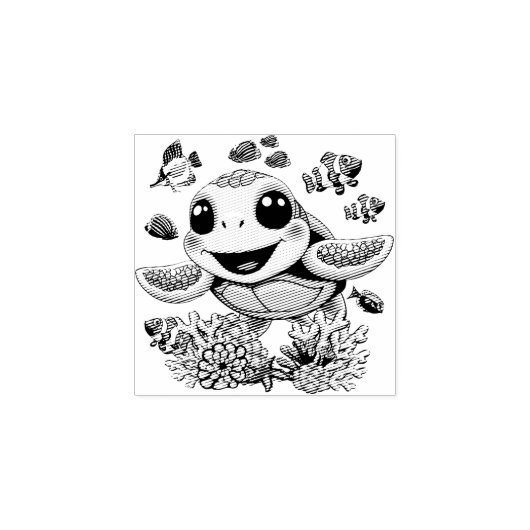 Zee Schildpad Baby Gelukkig en schattig personage Rubberstempel (Afrduk)