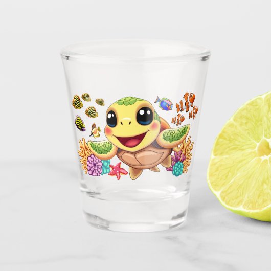Zee Schildpad Baby Gelukkig en schattig personage Shot Glas (Voorkant)