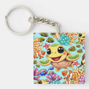 Zee Schildpad Baby Gelukkig en schattig personage Sleutelhanger