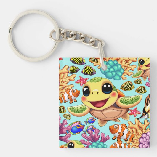 Zee Schildpad Baby Gelukkig en schattig personage Sleutelhanger (voorkant)