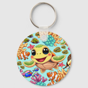 Zee Schildpad Baby Gelukkig en schattig personage Sleutelhanger