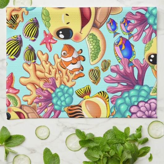 Zee Schildpad Baby Gelukkig en schattig personage Theedoek (Gevouwen)